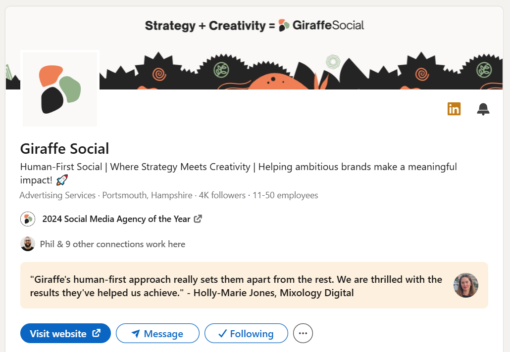 A screenshot of Giraffe Social's LinkedIn company page